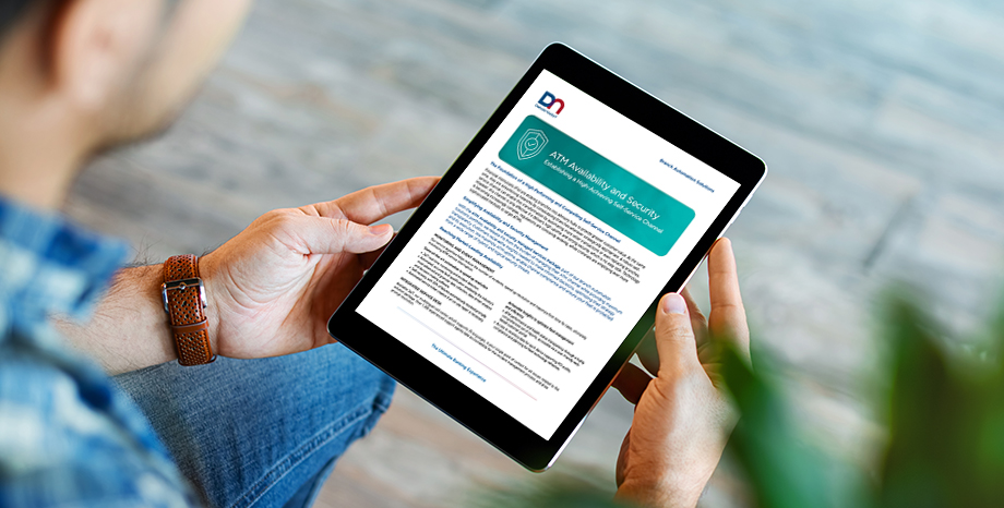 Man holding tablet displaying ATM Availability and Security Package Product Card